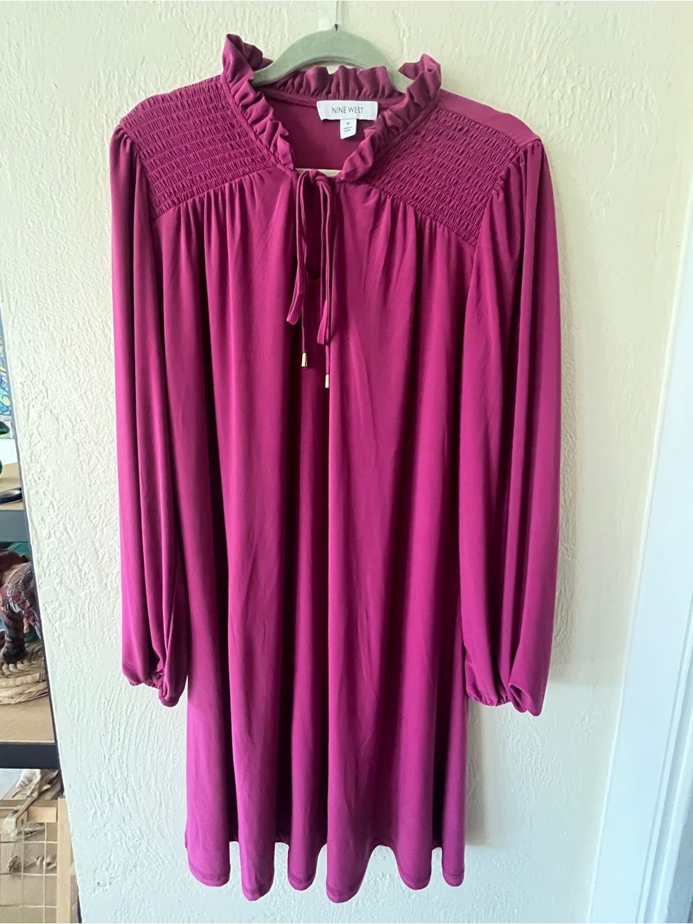 Nine West Magenta Long-Sleeve Smocked Yoke Tie-Neck Dress